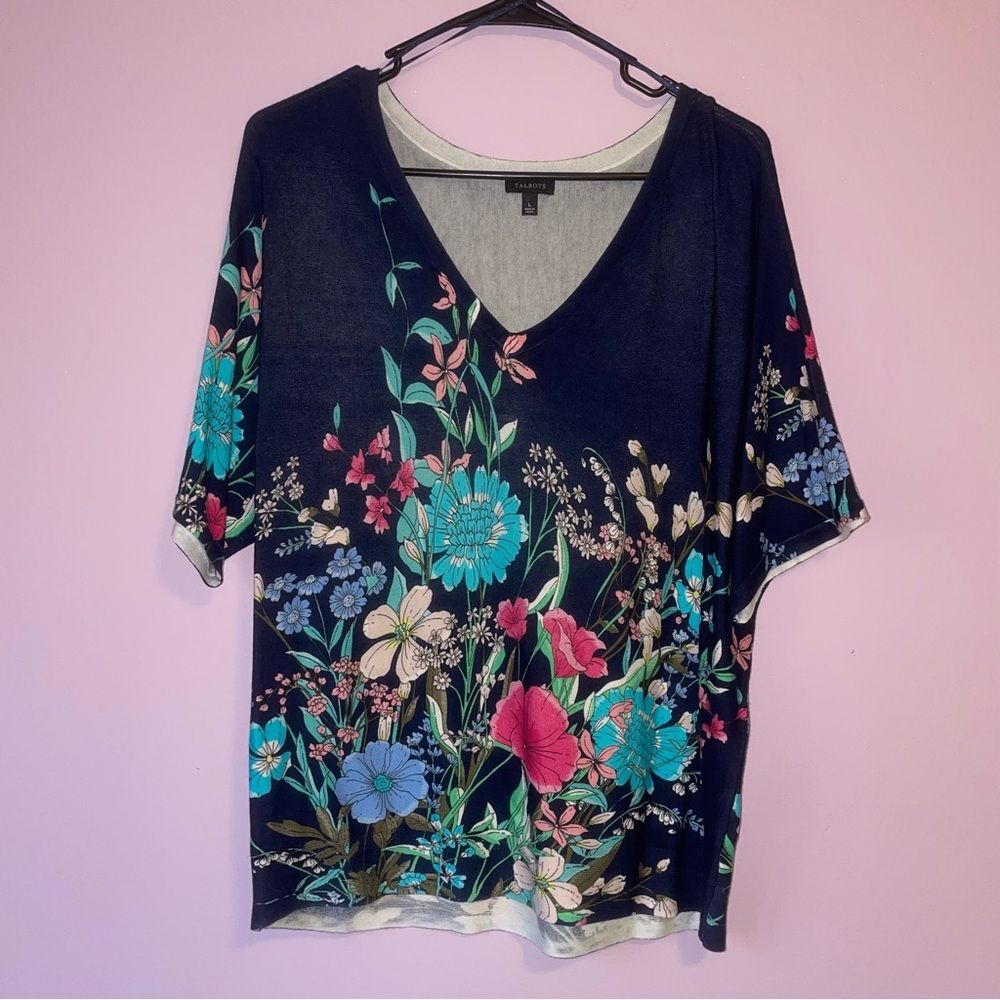 Talbots L Knit Top Navy Blue Floral Short Sleeve